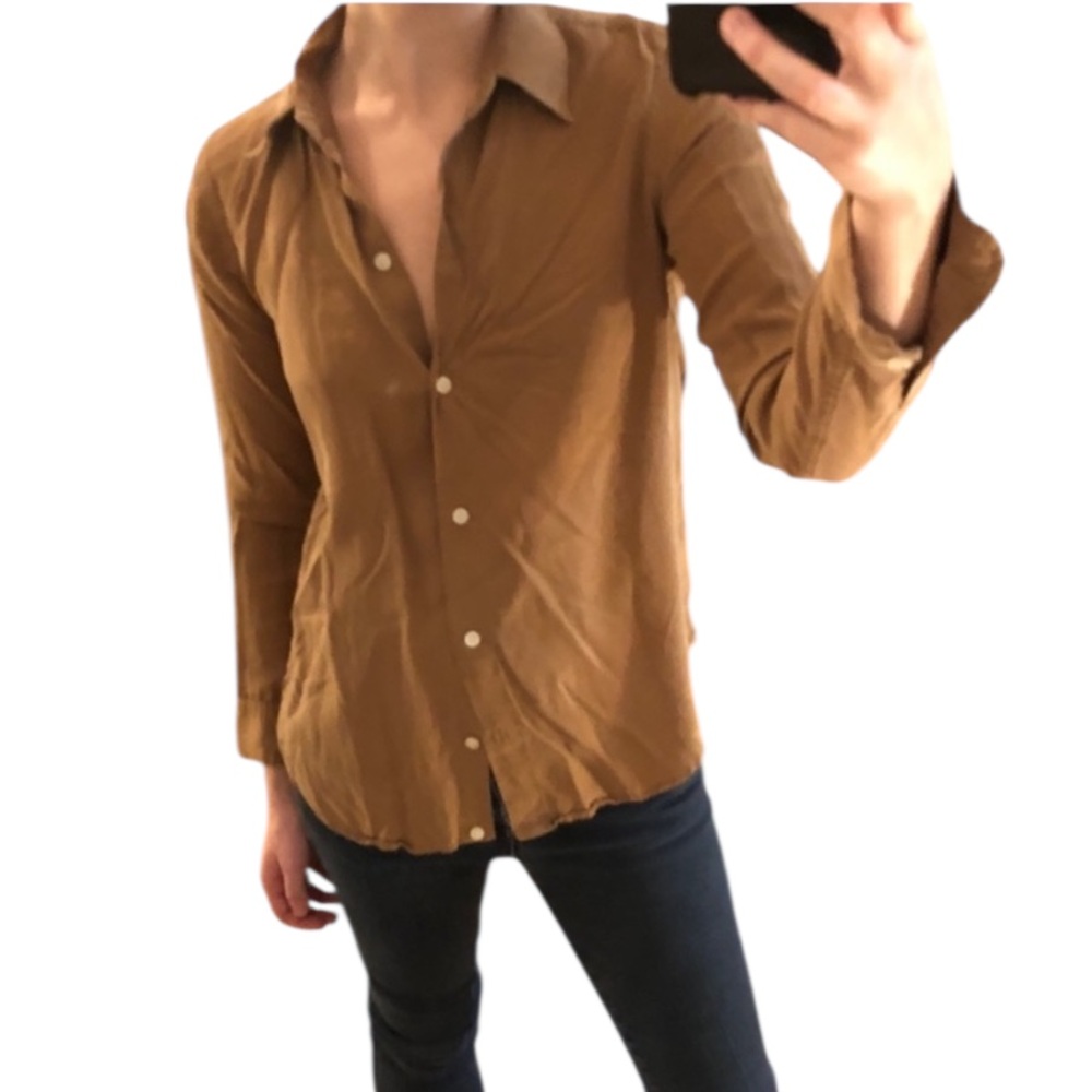 Qualité Light Brown Tan Cognac Long Sleeve Button Down Shirt Top • Japan • 2 / S